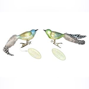 Blown Glass Birds Clip-on Tree Ornaments Feather Tail NOS Set Of 2